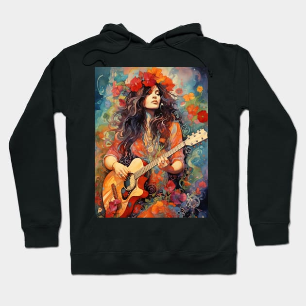 Hippie girl playing guitar Hoodie by RosaliArt